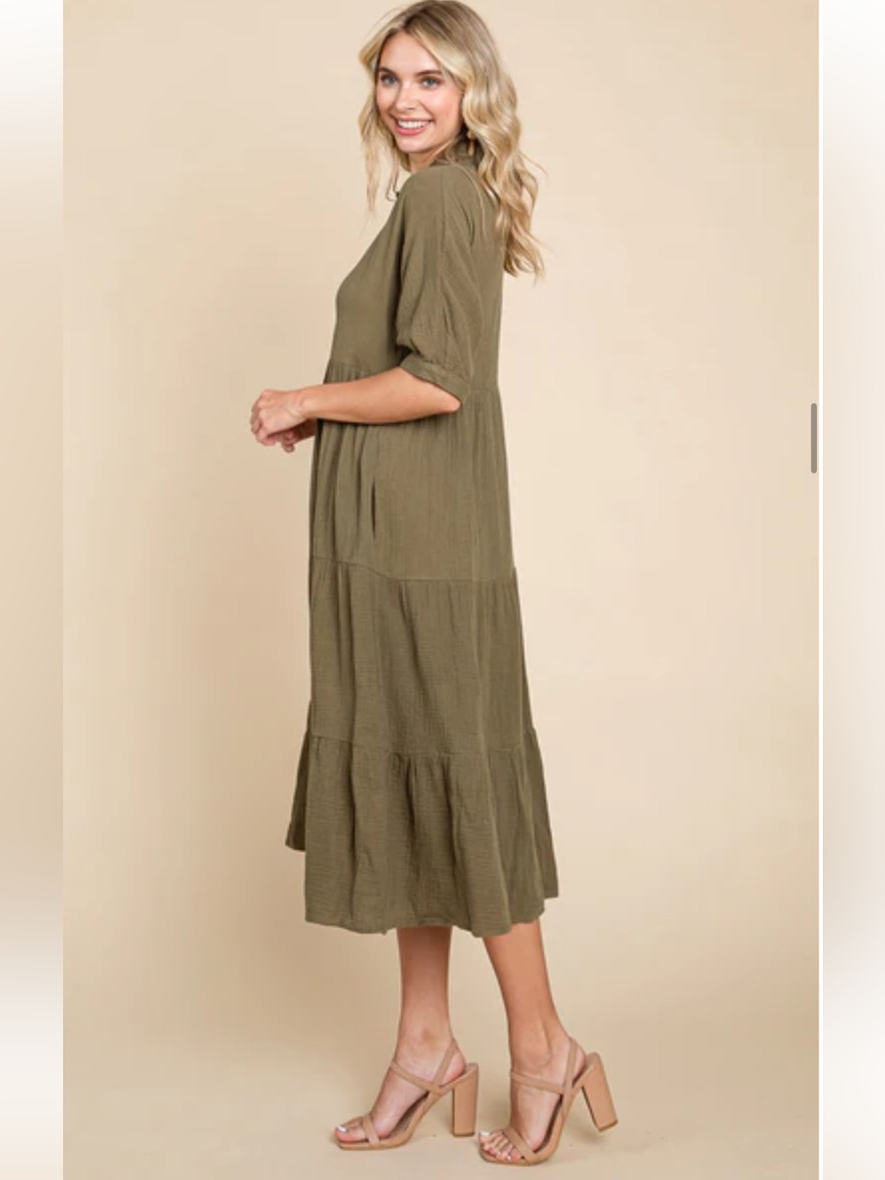 Olive Collared Button-Front Midi Dress - Picture 2 of 11